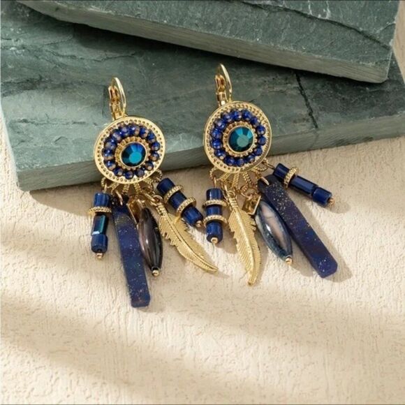 Bohemian Rhinestones Gold and Blue Dangle Crystal Charm Earrings - Picture 3 of 5